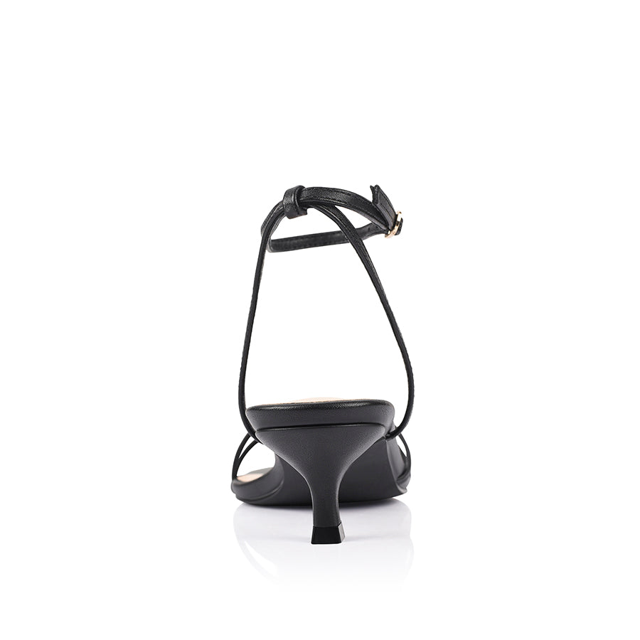 Black square toe sandal with a kitten heel and an adjustable strap