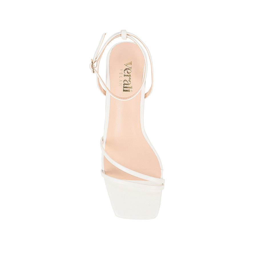 White square toe sandal with a kitten heel and an adjustable strap