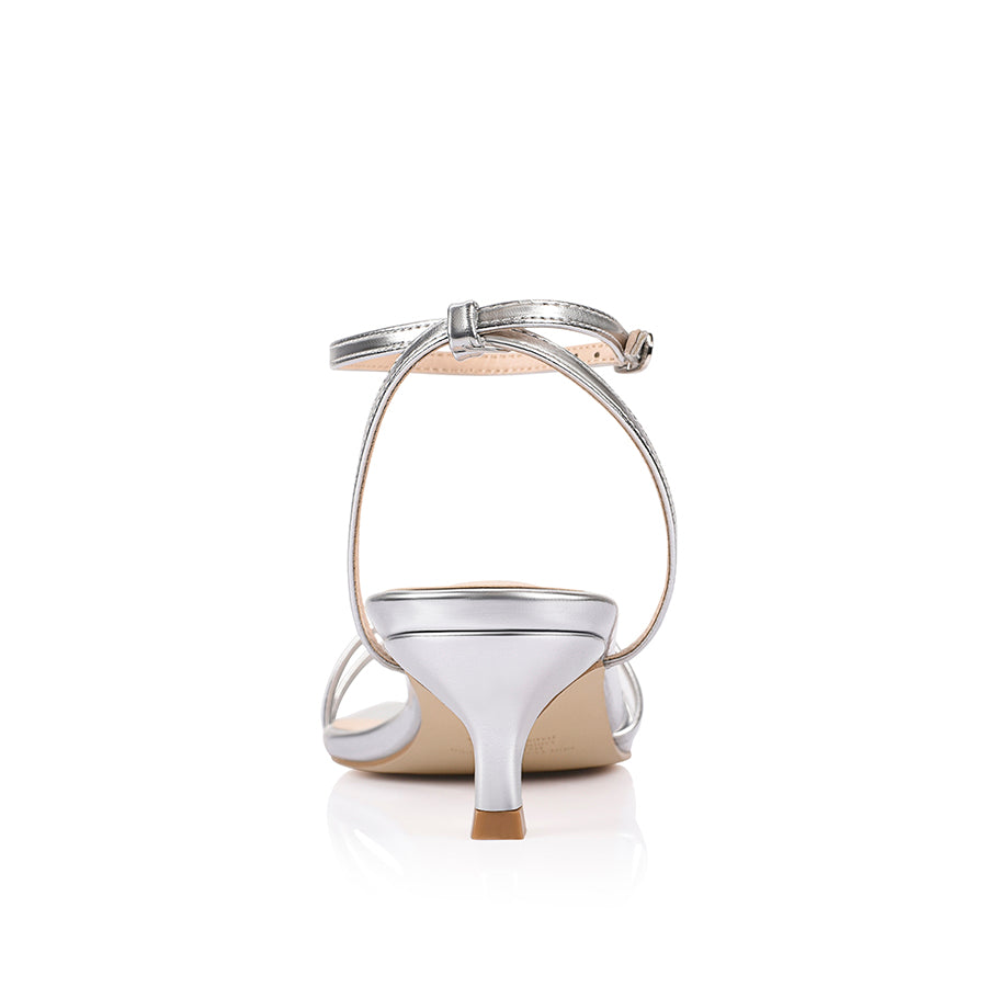 Silver square toe sandal with a kitten heel and an adjustable strap
