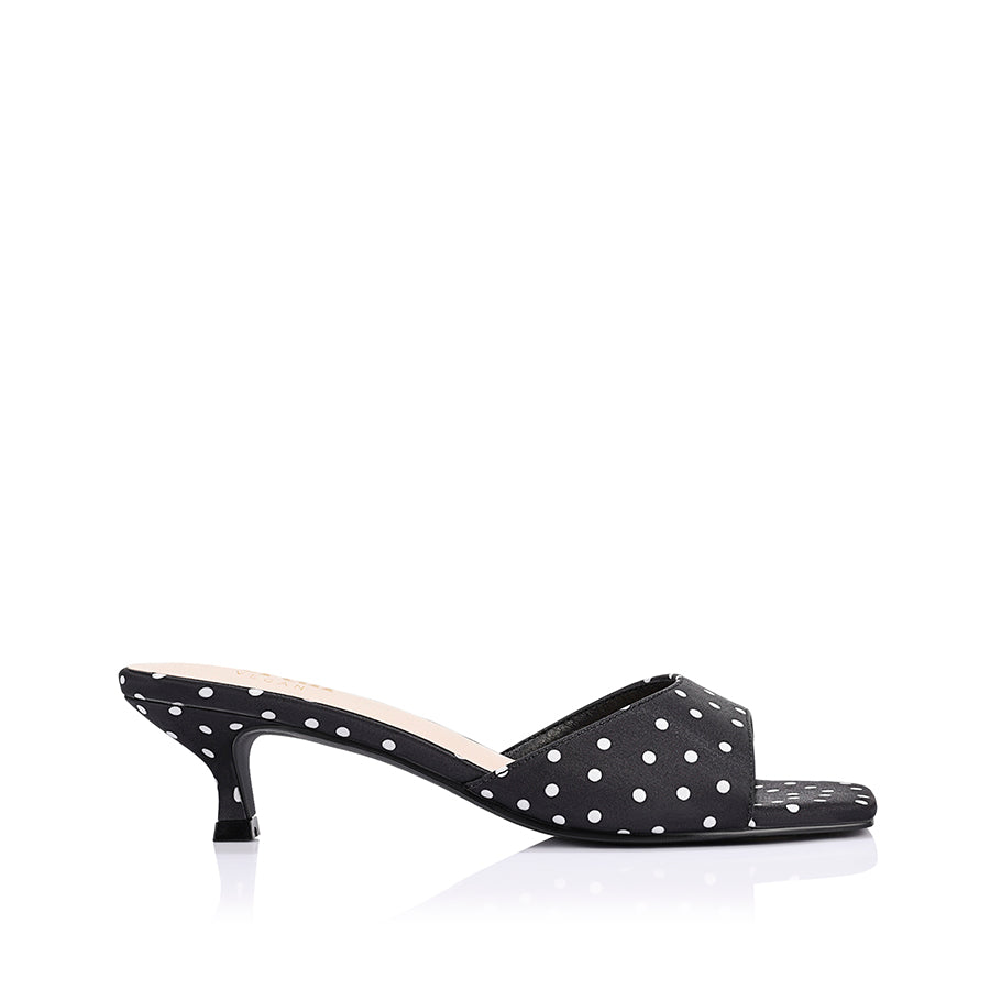 Alyssa Kitten Heel Mules - Black Polka Dot Satin