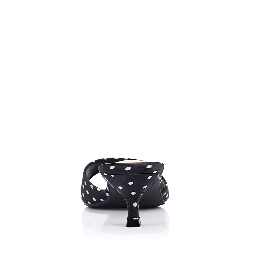Alyssa Kitten Heel Mules - Black Polka Dot Satin