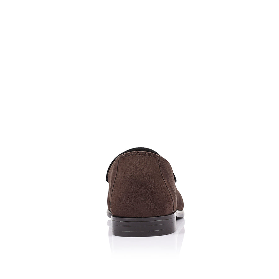 Brown microfibre loafer with ruched toe vamp