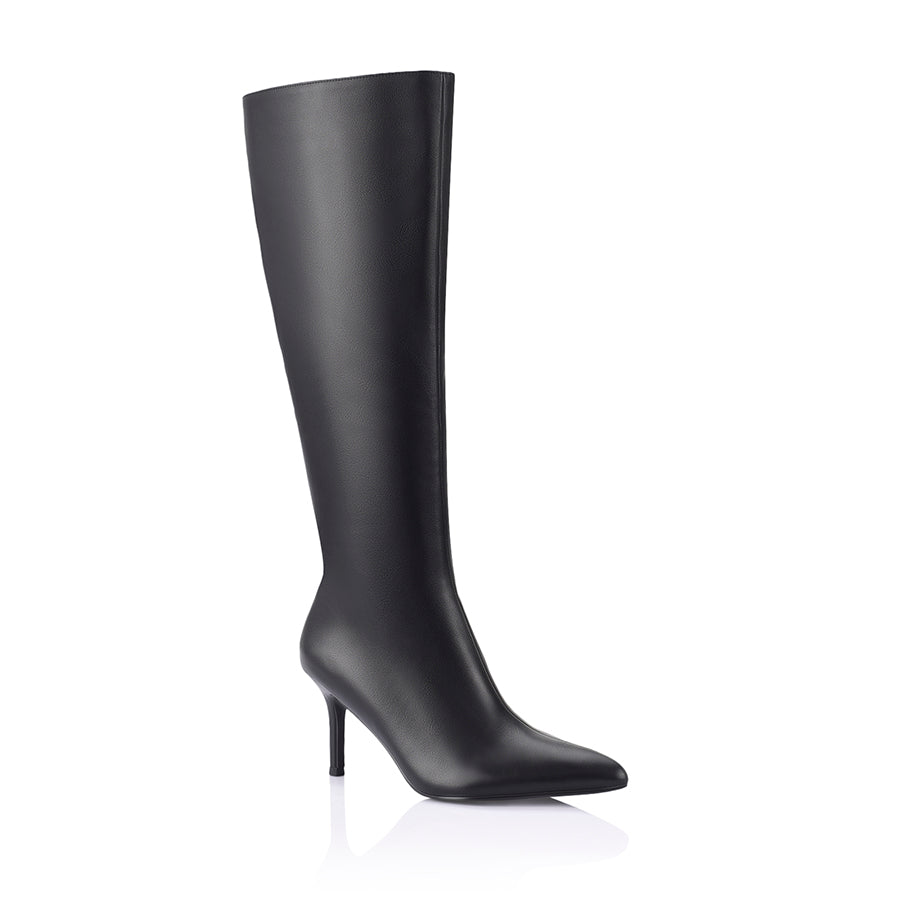 Women's black smooth knee high stiletto boot with pointed toe