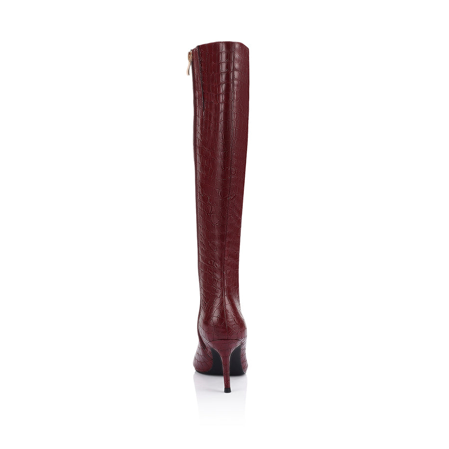 Women's red wine croc knee high stiletto boot with pointed toe