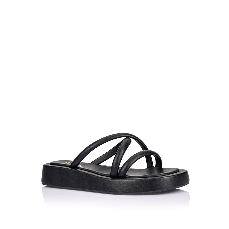 Women's black strappy platform slide