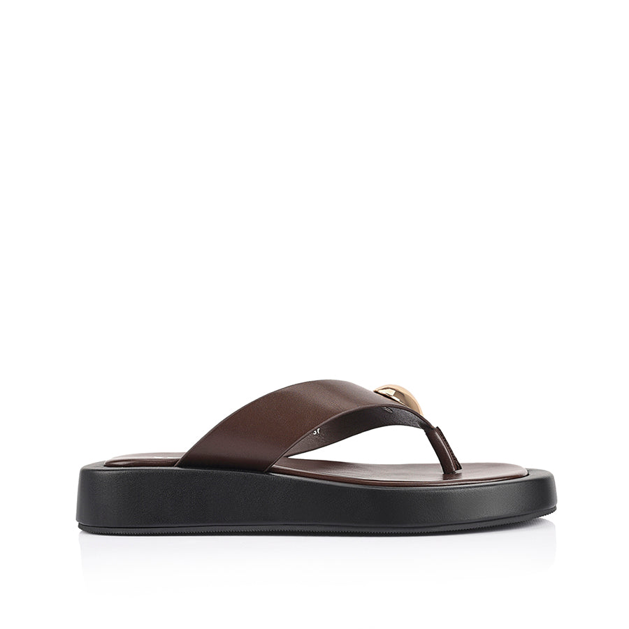Women's black and chocolate brown platform thong with gold heart embellishment