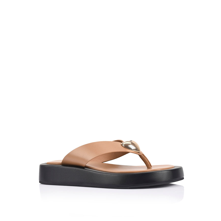 Women's black and dark camel brown platform thong with gold heart embellishment