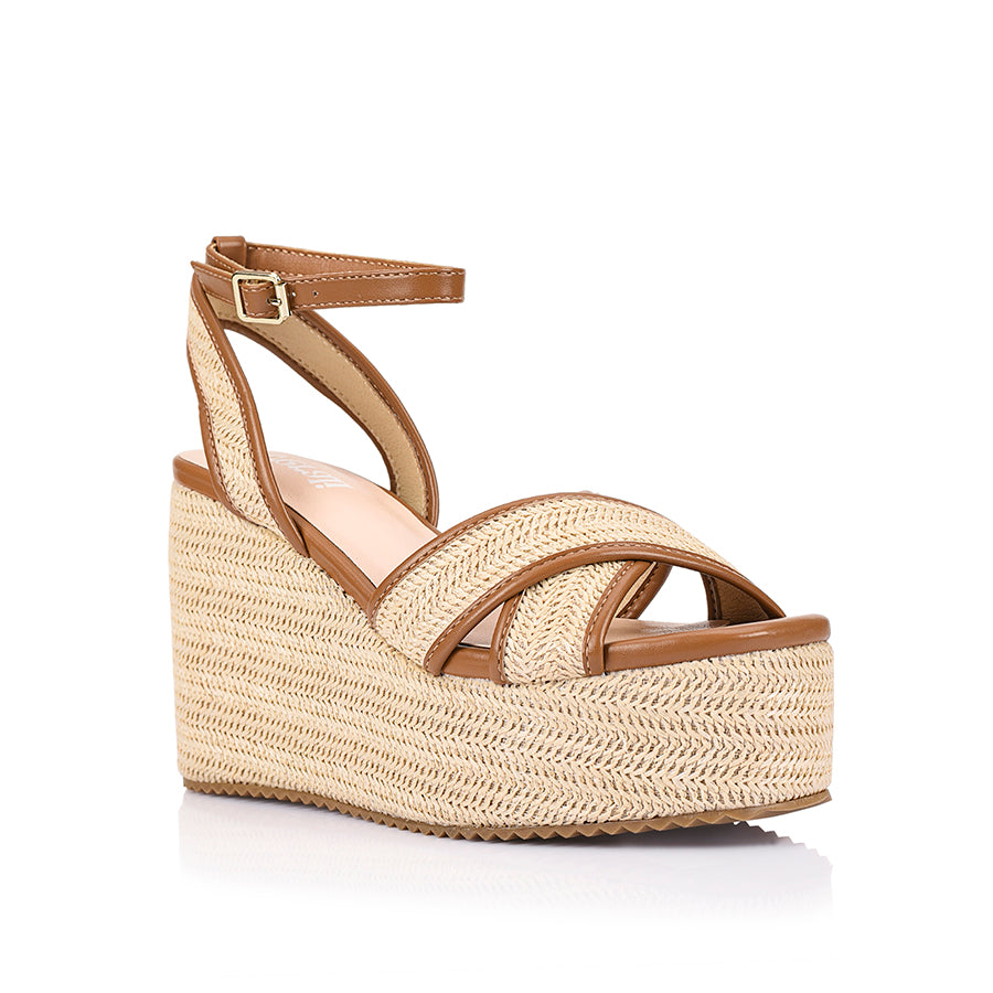 Women's tan and raffia rope espadrille wedge