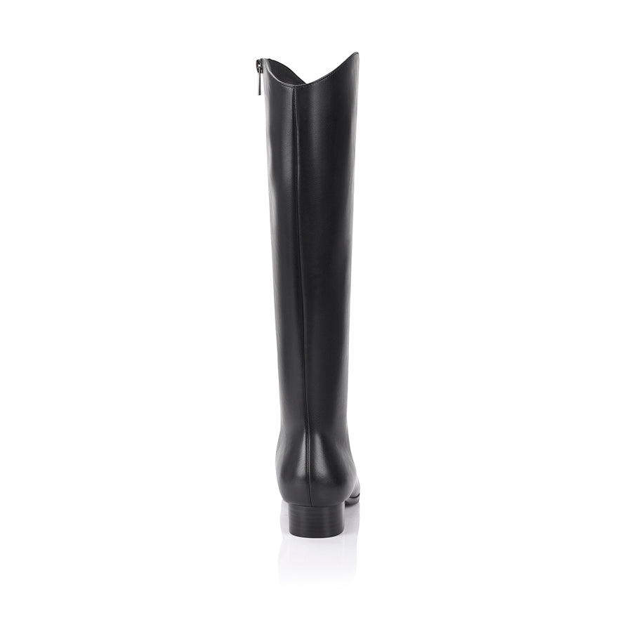 Women's vegan knee high boot with curved shaft, block heel and square pointed toe
