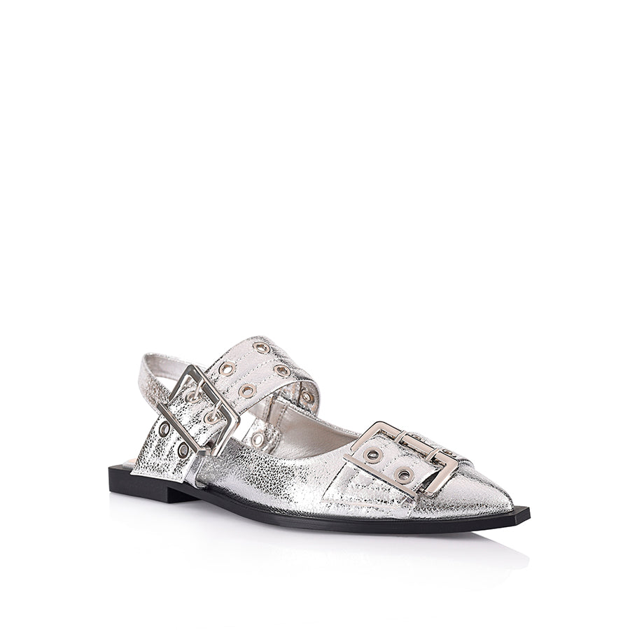 Women's silver crinkle vegan buckle ballet flats with elasticated slingback