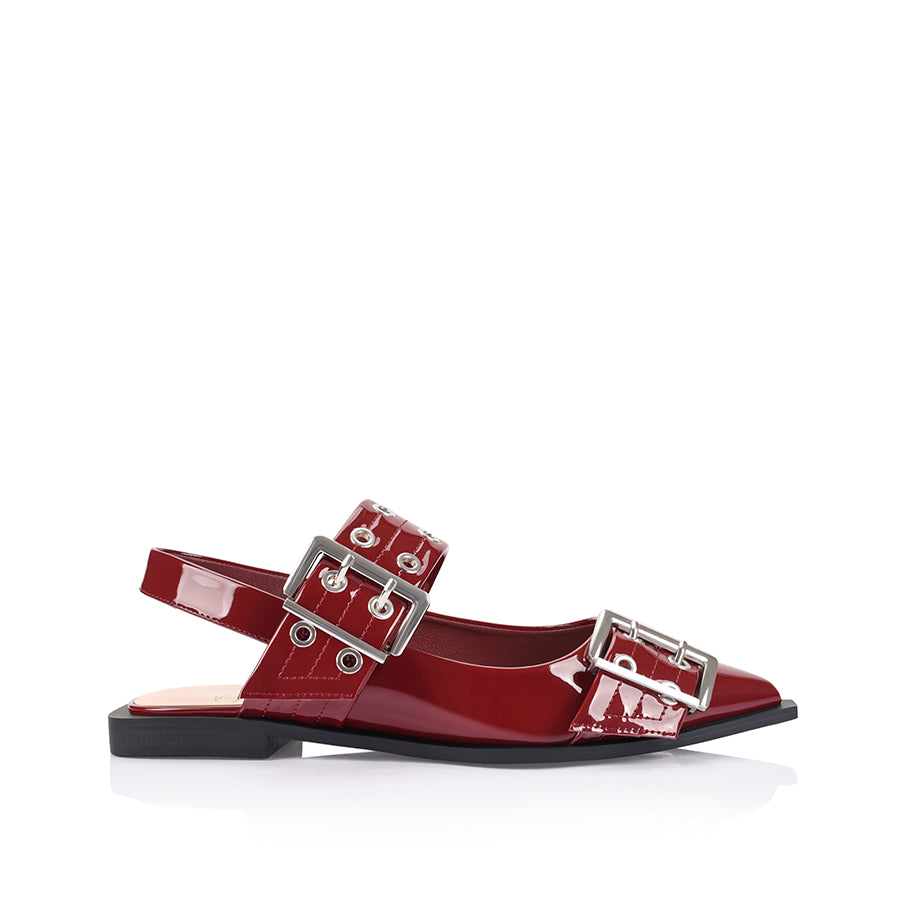 Women's red wine patent vegan leather pointed toe ballet flats with statement buckles and elastic slingback