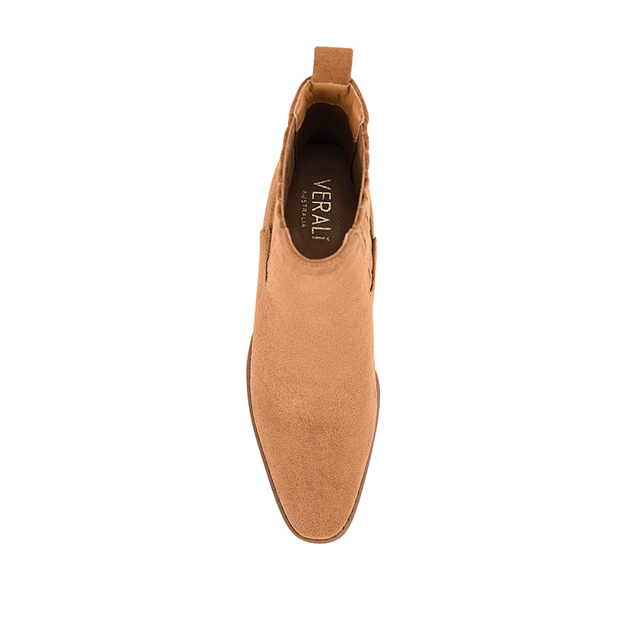 Women's tan microsuede heeled ankle boot with pointed toe, stacked heel, and elasticated gusset