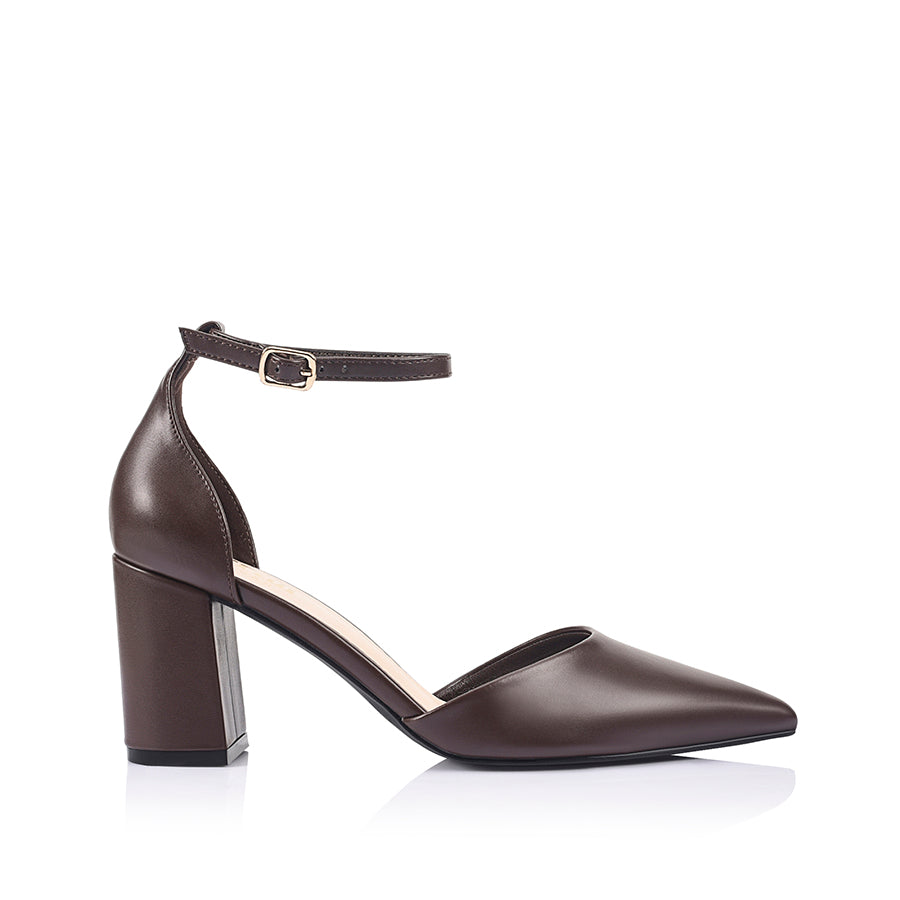 Women's chocolate brown vegan smooth leather court block heel with ankle buckle fastening