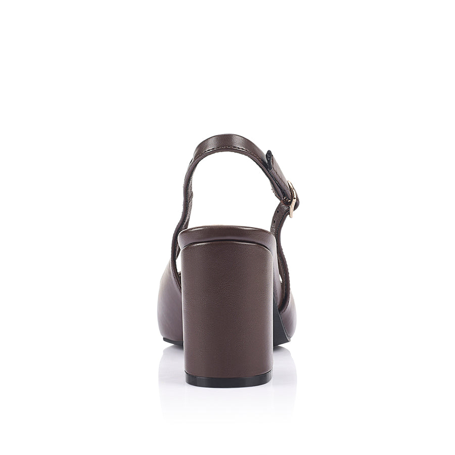 Brown high-heeled shoe with a pointed toe shape and buckle closure