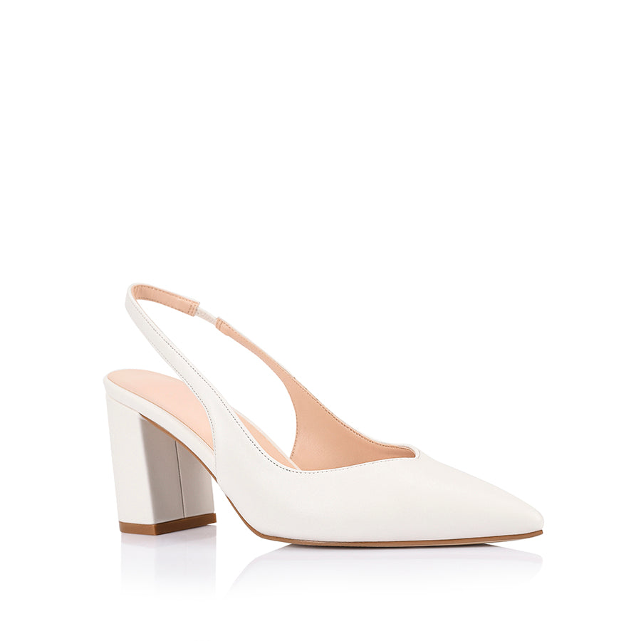 Women's pointed toe slingback with block heel in chalk white vegan