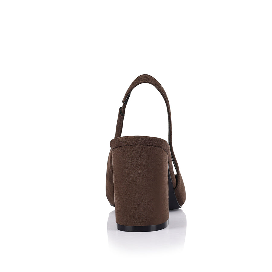 Women's pointed toe slingback with block heel in chocolate vegan microsuede