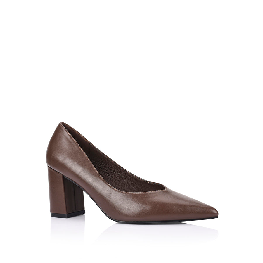 Women's chocolate brown vegan block heel with pointed toe