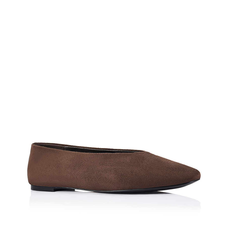 Vegan microfibre brown flat shoe with a square toe shape