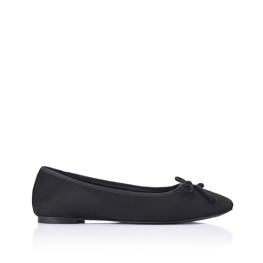 Black microsuede ballet flats with a black heel and small bow