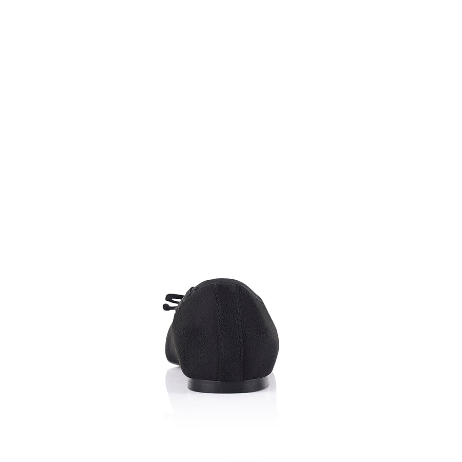 Black microsuede ballet flats with a black heel and small bow