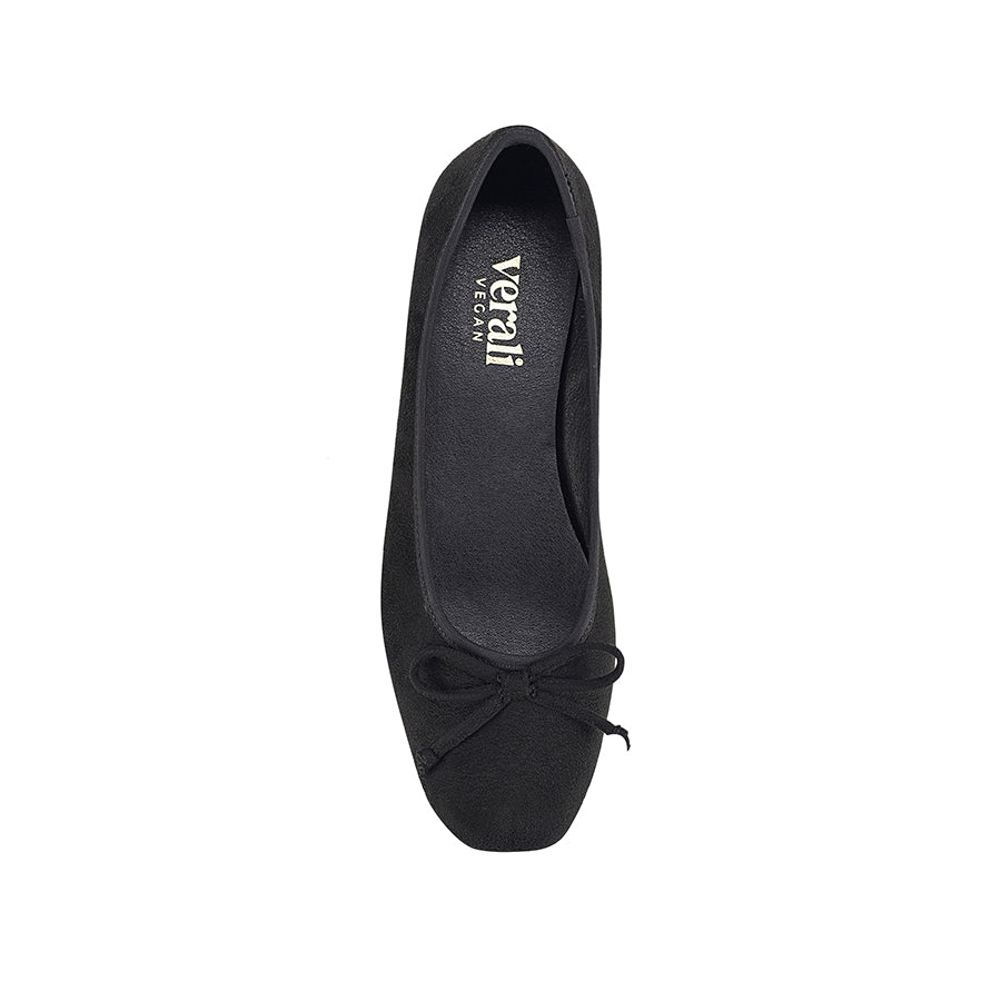 Black microsuede ballet flats with a black heel and small bow