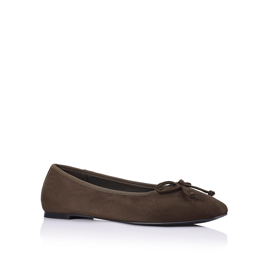 Brown microsuede ballet flats with a black heel and small bow