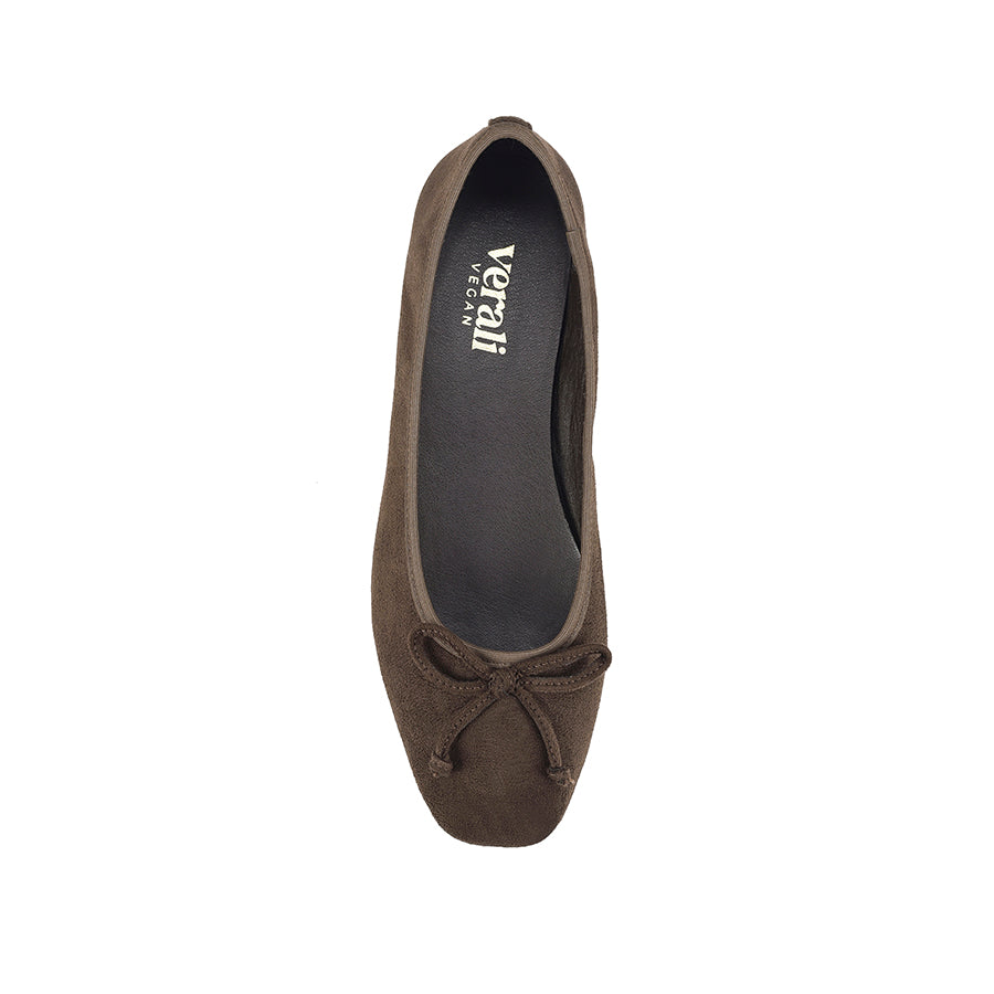 Brown microsuede ballet flats with a black heel and small bow