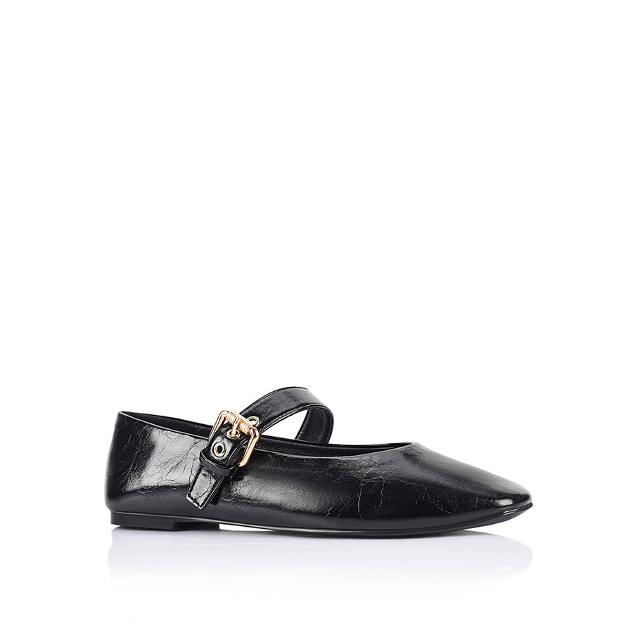 Crinkled texture Mary-Jane ballet flat with gold buckle
