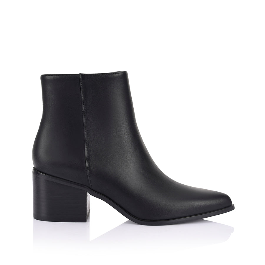 Women's black vegan heeled ankle boot with pointed toe