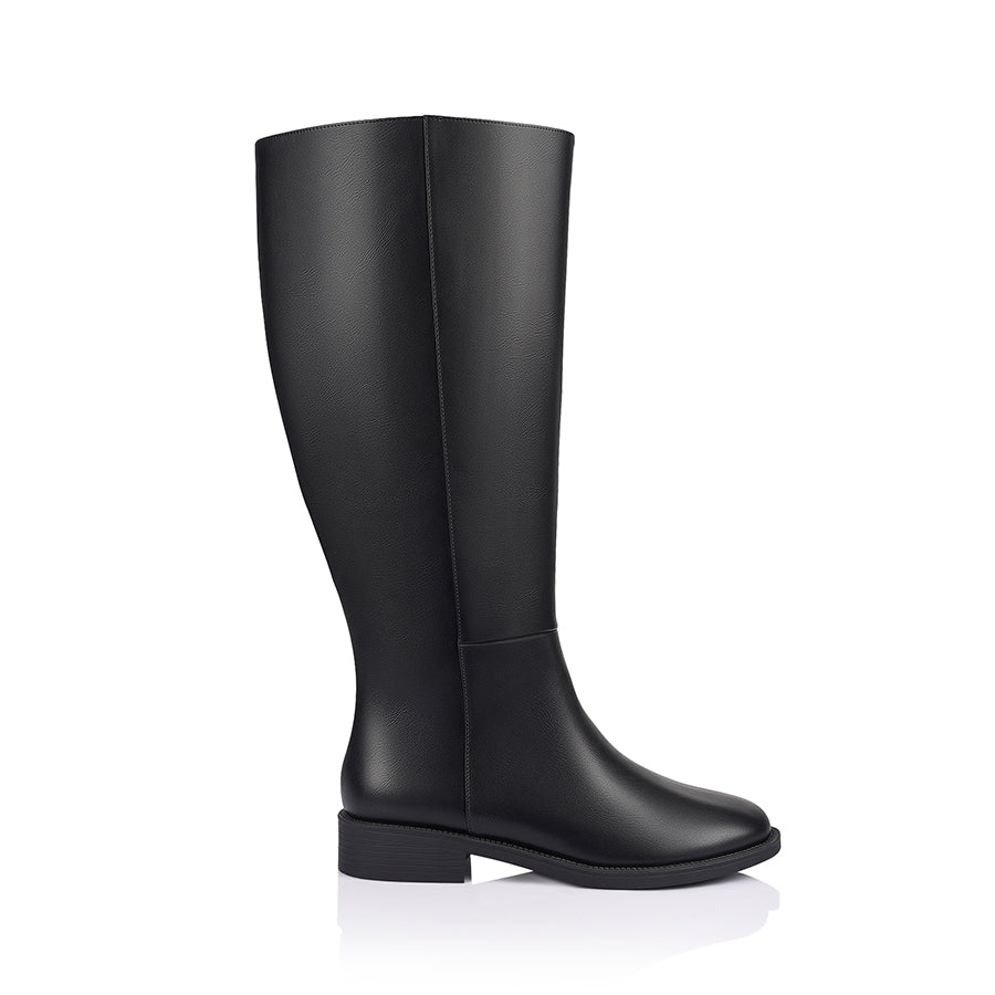 Black knee high boot with a wide calf shaft