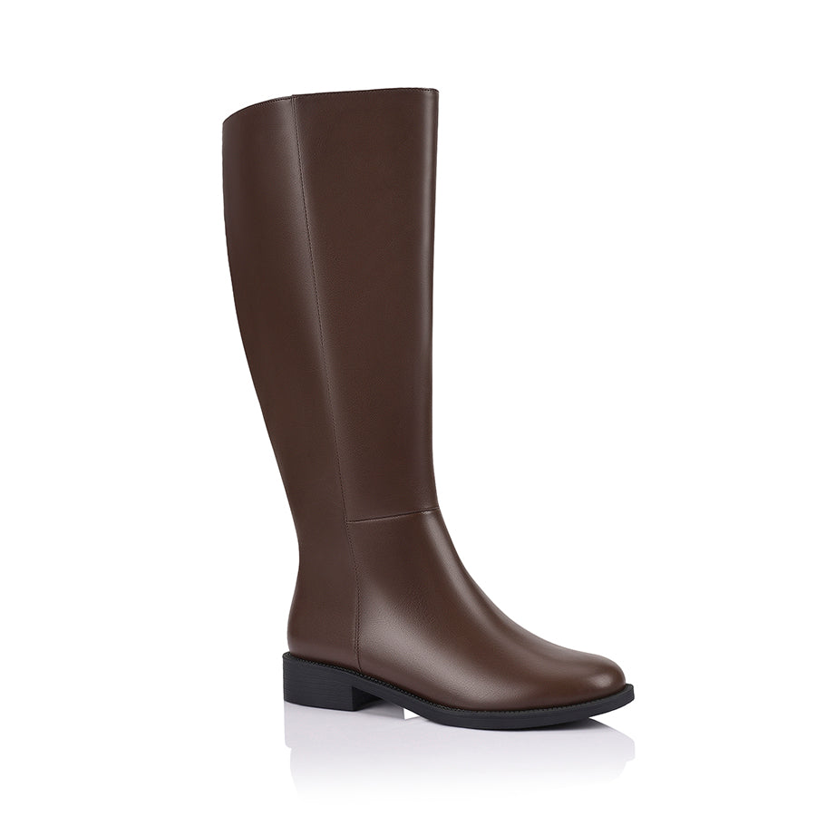 Brown knee high boot with a wide calf shaft