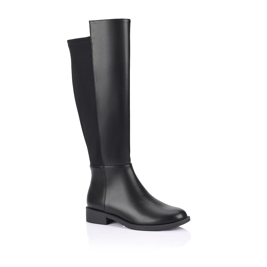 Women's black vegan leather knee high flat riding boot with stretch back