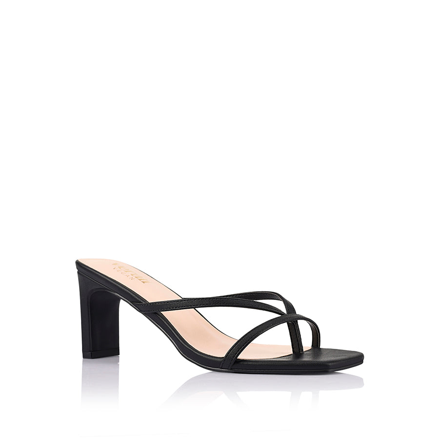 Women's black vegan high heeled thong with thin block heel