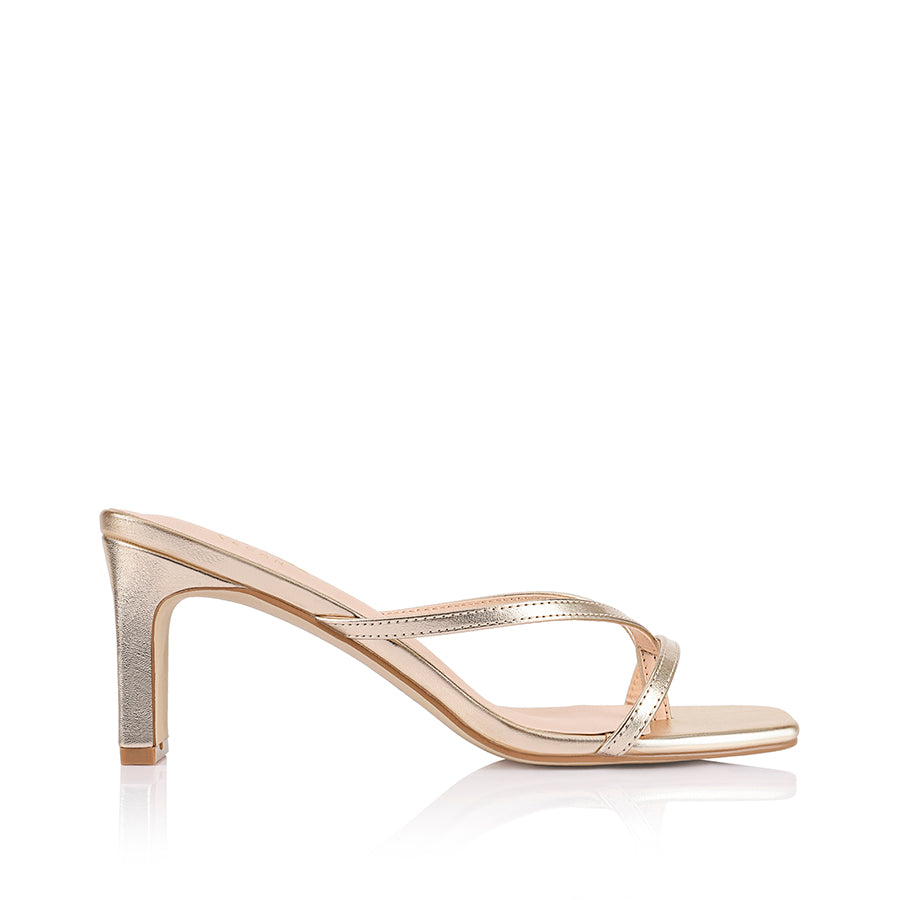 Women's champagne gold vegan high heeled thong with thin block heel