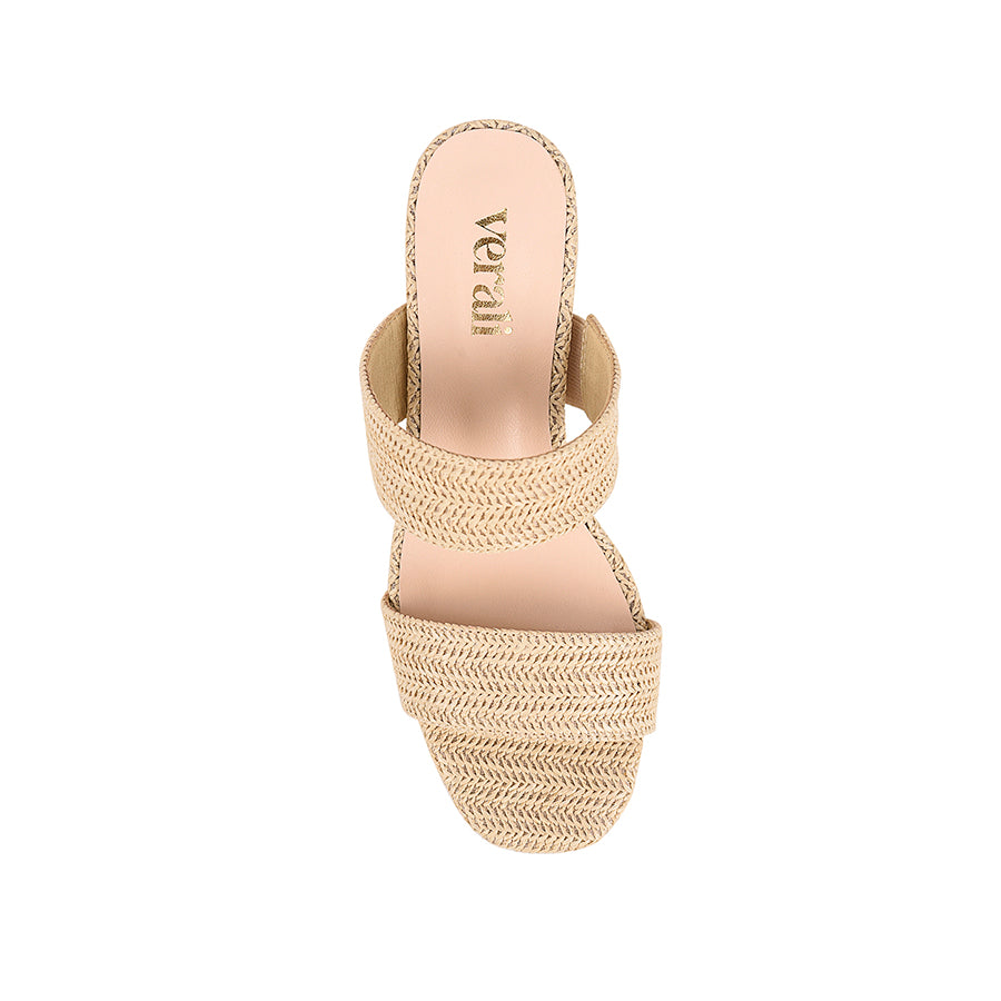 Women's woven raffia platform block heel mules