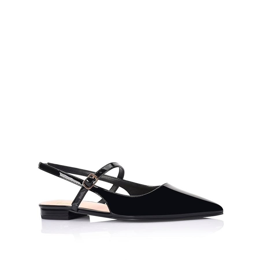 Women's black patent ballet flat with slingback fastening, pointed toe and mary-jane strap