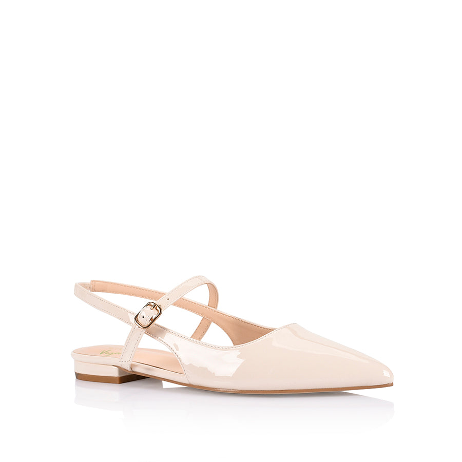 Women's bone patent ballet flat with slingback fastening, pointed toe and mary-jane strap