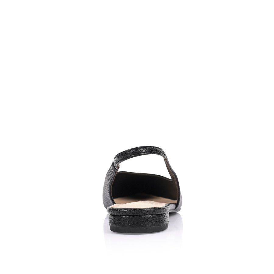 Women's vegan leather flat pointed toe slingback in black snake print