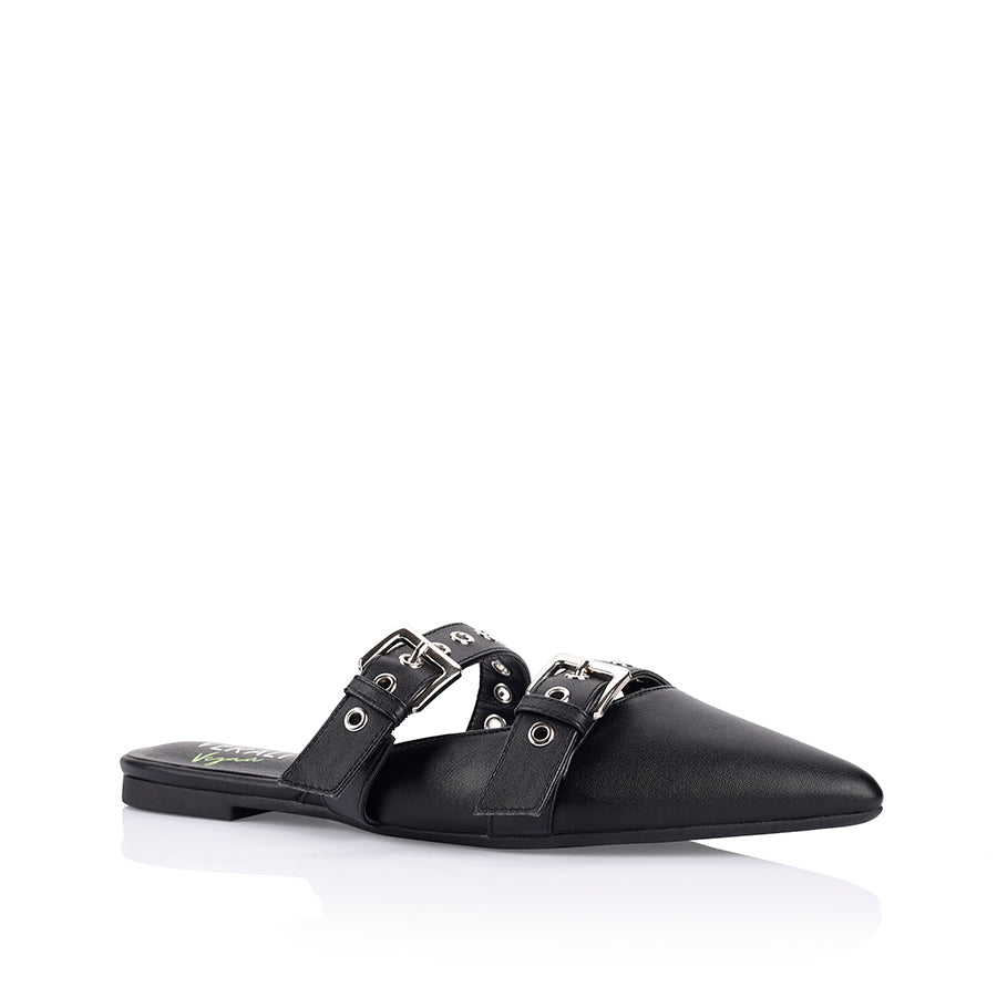 Women's black vegan flats with pointed toe and buckle detailing