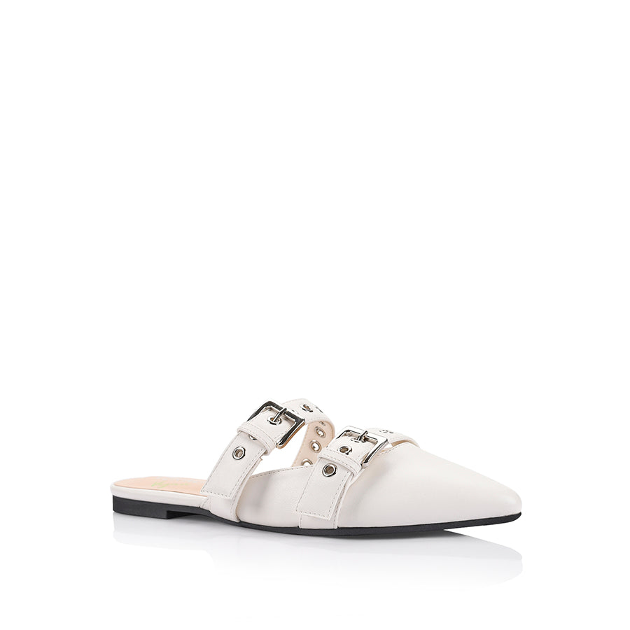 Women's white pointed ballet flat mules with buckle detail