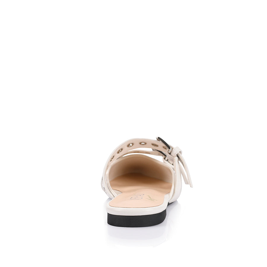 Women's white pointed ballet flat mules with buckle detail