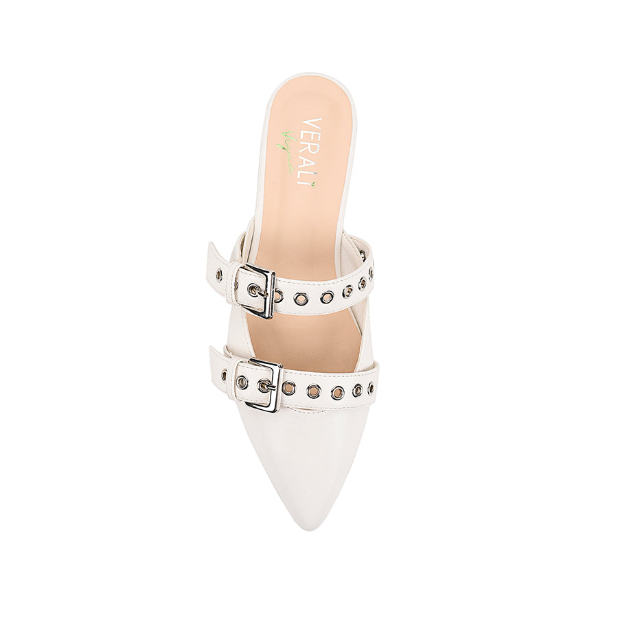 Women's white pointed ballet flat mules with buckle detail