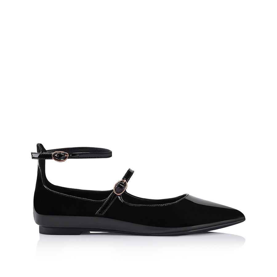 Women's black patent pointed toe ballet flats with buckle