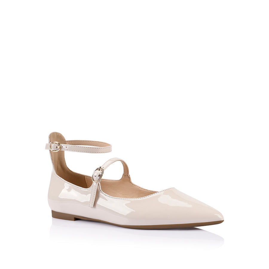 Women's bone white patent ballet flats with buckle fastening and pointed toe