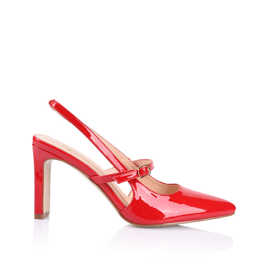Women's slingback block heel with adjustable strap and pointed toe in patent finish