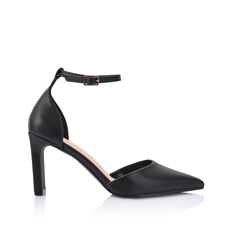 Women's black smooth pointed toe block heel with cupped sole and adjustable ankle strap