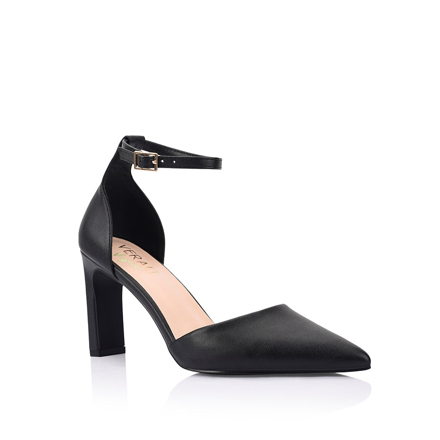 Women's black smooth pointed toe block heel with cupped sole and adjustable ankle strap
