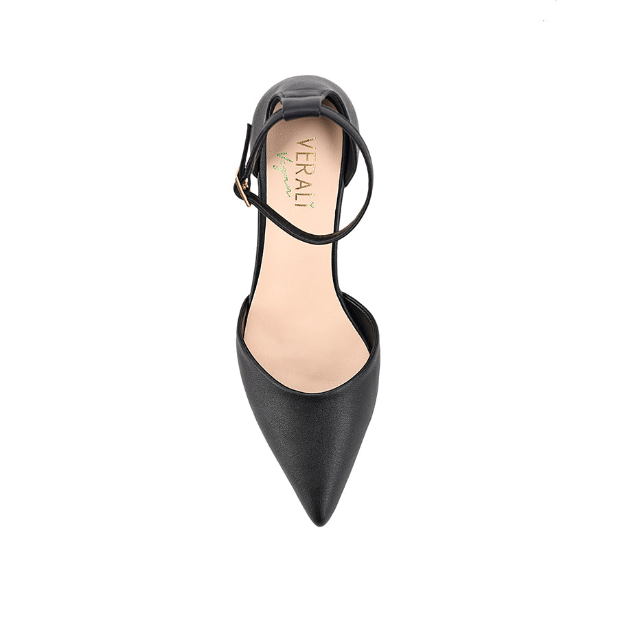 Women's black smooth pointed toe block heel with cupped sole and adjustable ankle strap