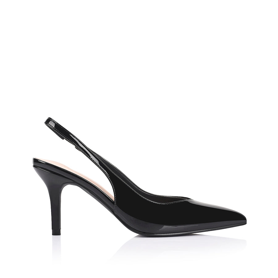 Women's black patent vegan slingback stiletto heel with pointed toe and v cut upper