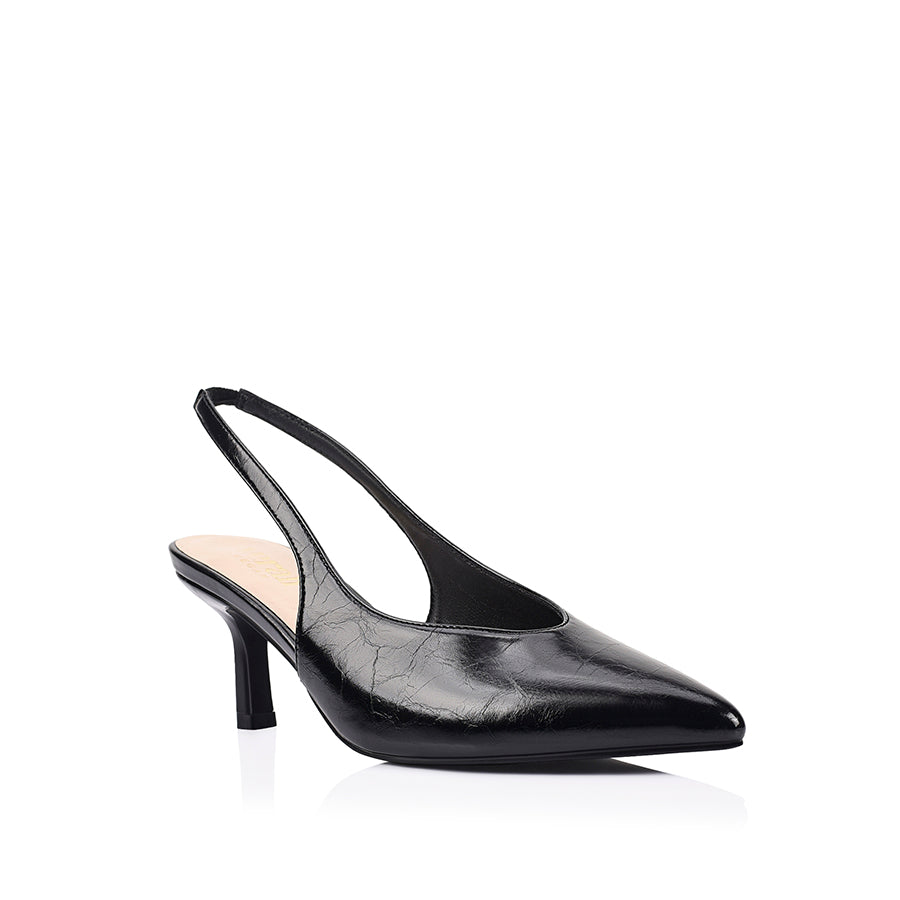 Black crinkle slingback heel with pointed toe shape